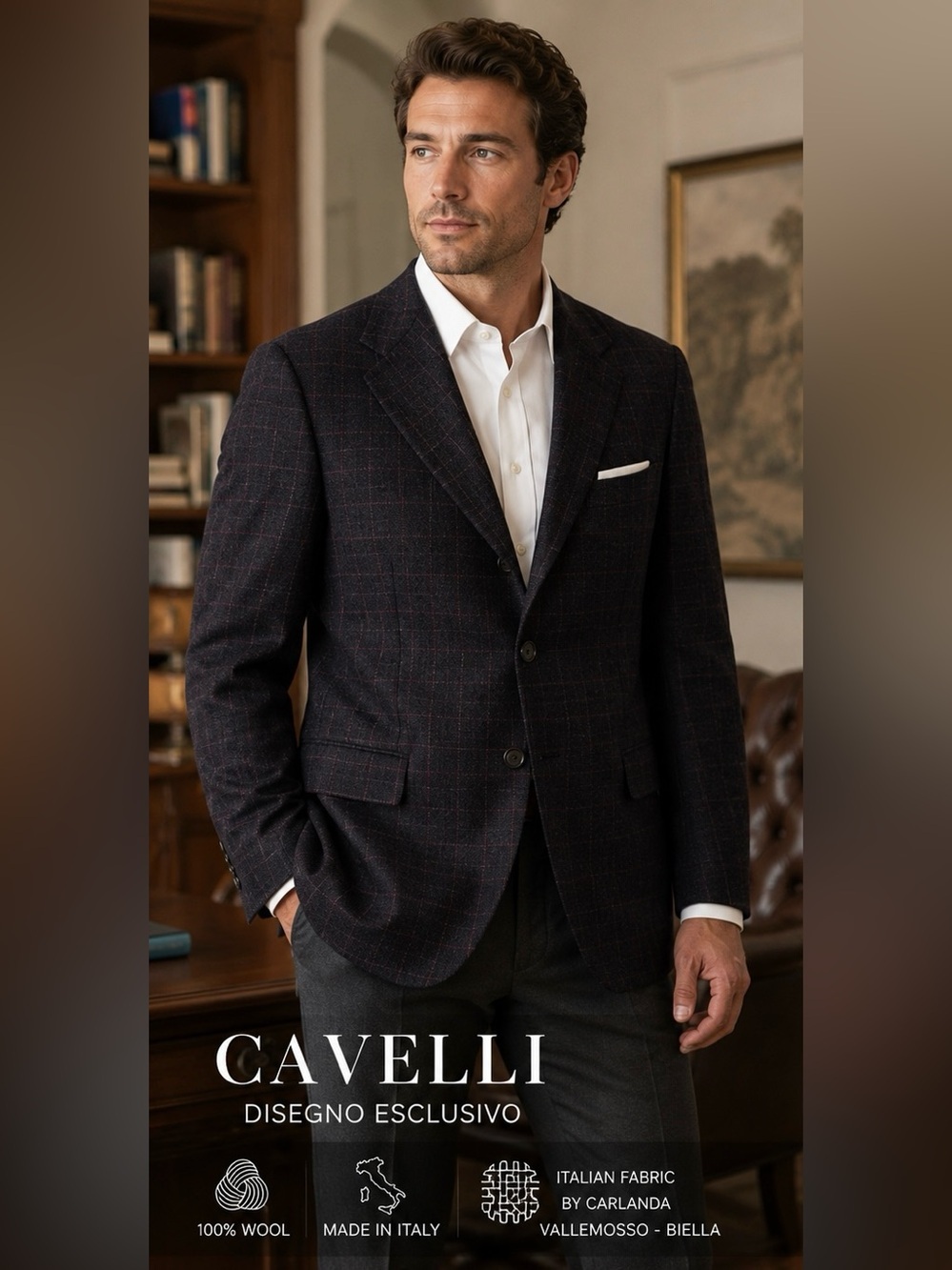 Cavelli 42L Italian Wool Windowpane Sport Coat Blazer Carlanda Biella Fabric